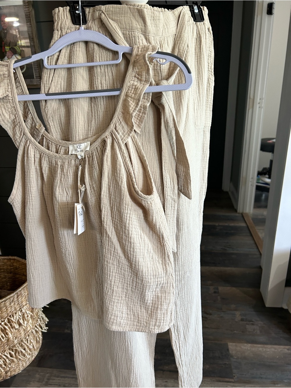 P.cill  2pc set.Sand gauze ruffle strap top, with matching  waist tie pant. NWT
